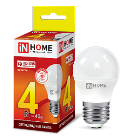 IN HOME Лампа светодиодная LED-ШАР-VC  4Вт 230В Е27 6500К 380Лм  (1/10/100)
